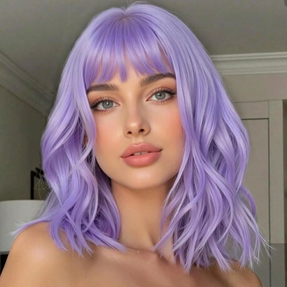 Women's Lavender Purple 14 Inch Short Pastel Curly Shoulder Length Synthetic Wig